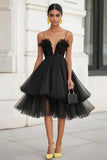 Black Tiered Tulle V-Neck Ruffled Graduation Dress