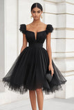 Black Tulle A Line Short Graduation Dress with Ruffles