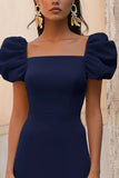 Navy A Line Satin Square Neck Maxi Formal Dress