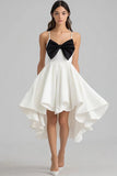White and Black Satin High-Low Graduation Dress with Bow