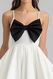 White and Black Satin High-Low Graduation Dress with Bow