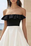 Black and White A Line Strapless Maxi Engagement Dress with Ruffles