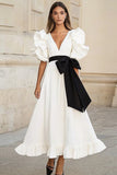 White and Black A Line Satin Maxi Engagement Dress with Ruffles