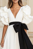 White and Black A Line Satin Maxi Engagement Dress with Ruffles