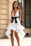 White and Black V-Neck High-Low Graduation Dress with Ruffles