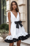 White and Black V-Neck A Line Short Graduation Dress with Ruffles