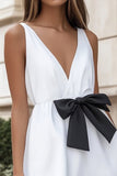 White and Black V-Neck A Line Short Graduation Dress with Ruffles