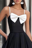White and Black Satin A Line Mini Graduation Dress with Bow