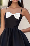 White and Black A Line Satin Mini Graduation Dress with Bow