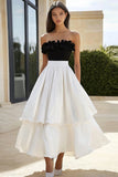 Black and White Tiered A Line Satin Tiered Maxi Engagement Dress with Ruffles
