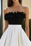 Black and White Tiered A Line Satin Tiered Maxi Engagement Dress with Ruffles