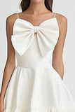 White and Black Ruffled A Line Short Graduation Dress with Bow