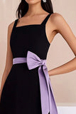 Black Satin Square Neck Asymmetrical Graduation Dress with Bow