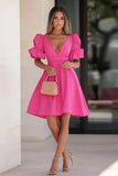 Fuchsia Satin V-Neck Short Cocktail Dress with Ruffles
