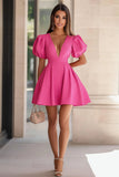Fuchsia V-Neck Puff Sleeves A Line Mini Cocktail Dress