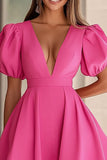 Fuchsia V-Neck Puff Sleeves A Line Mini Cocktail Dress