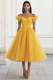 Yellow Tulle A Line Off the Shoulder Midi Formal Dress with Ruffles