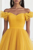 Yellow Tulle A Line Off the Shoulder Midi Formal Dress with Ruffles