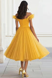 Yellow Tulle A Line Off the Shoulder Midi Formal Dress with Ruffles