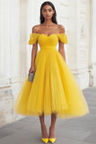 Yellow Tulle Off the Shoulder A Line Midi Formal Dress