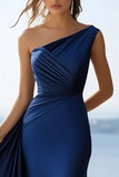 Navy Satin Mermaid One Shoulder Maxi Formal Dress