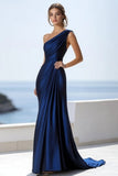 Navy Ruched Satin Mermaid One Shoulder Maxi Formal Dress