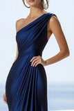 Navy Ruched Satin Mermaid One Shoulder Maxi Formal Dress