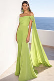 Lemon Green Sheath Ruched Maxi Formal Dress with Cape