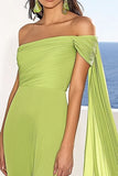 Lemon Green Sheath Ruched Maxi Formal Dress with Cape