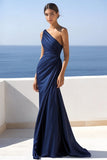 Navy One Shoulder Ruched Satin Mermaid Maxi Formal Dress