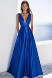 Royal Blue Satin Deep V-Neck A Line Maxi Formal Dress