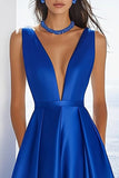 Royal Blue Satin Deep V-Neck A Line Maxi Formal Dress