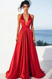 Red A Line Halter Satin Maxi Formal Dress