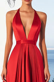 Red A Line Halter Satin Maxi Formal Dress