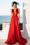 Maxi Red A Line Deep V-Neck Satin Formal Dress