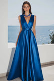 Maxi Royal Blue V-Neck A Line Satin Formal Dress