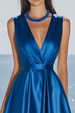 Maxi Royal Blue V-Neck A Line Satin Formal Dress