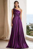 Elegant Plum Ruched One Shoulder Maxi Satin Formal Dress