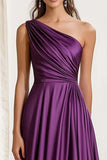 Elegant Plum Ruched One Shoulder Maxi Satin Formal Dress