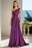 Plum Satin A Line One Shoulder Maxi Formal Dress