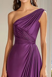 Plum Satin A Line One Shoulder Maxi Formal Dress