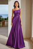 A Line Plum One Shoulder Ruched Maxi Satin Formal Dress