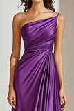 A Line Plum One Shoulder Ruched Maxi Satin Formal Dress