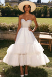 Sparkly White Beaded Tulle Maxi Engagement Dress with Ruffles