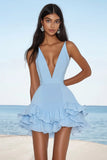 Sky Blue Tiered V-Neck Mini Graduation Dress with Ruffles