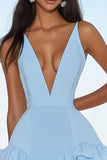 Sky Blue Tiered V-Neck Mini Graduation Dress with Ruffles