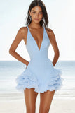 Sky Blue V-Neck Ruffled Mini Graduation Dress