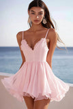 Pink Chiffon V-Neck Mini Graduation Dress with Ruffles