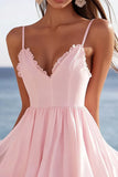 Pink Chiffon V-Neck Mini Graduation Dress with Ruffles