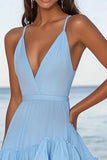 Sky Blue Ruffled Spaghetti Straps Chiffon Mini Graduation Dress